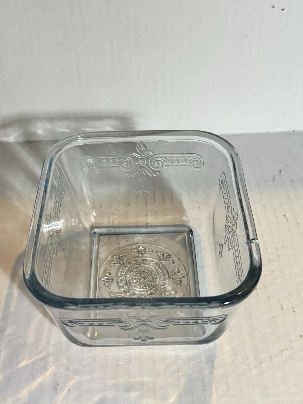 Vintage Blue Tint Glass Refrigerator Dish Embossed Floral Scroll No Lid